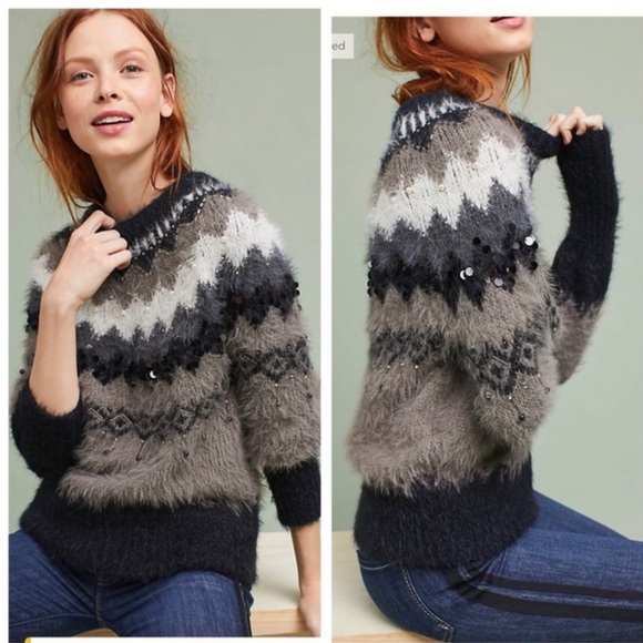 Anthropologie Sweaters - -Anthropology Sleeping On Snow Beaded Fair Isle Fuzzy Sweater size xs